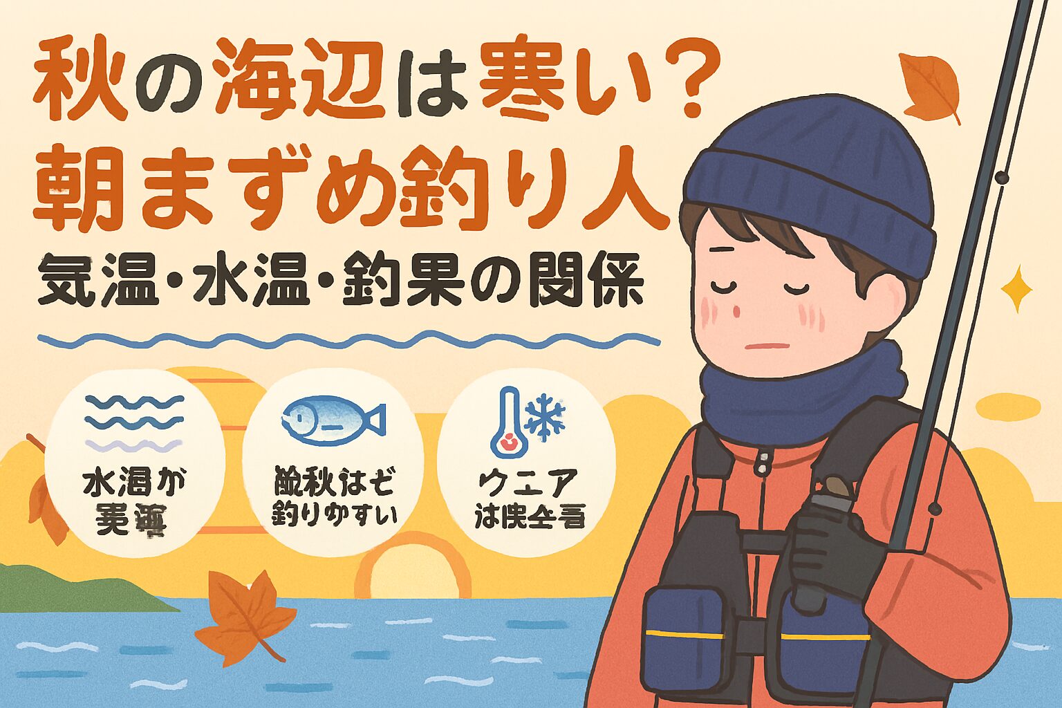 秋の海辺は朝方に特に冷え込むが、魚の活性が高まるチャンスでもある。 水温の変化を読み、寒さ対策を万全にすることで、釣果アップにつながる。釣太郎