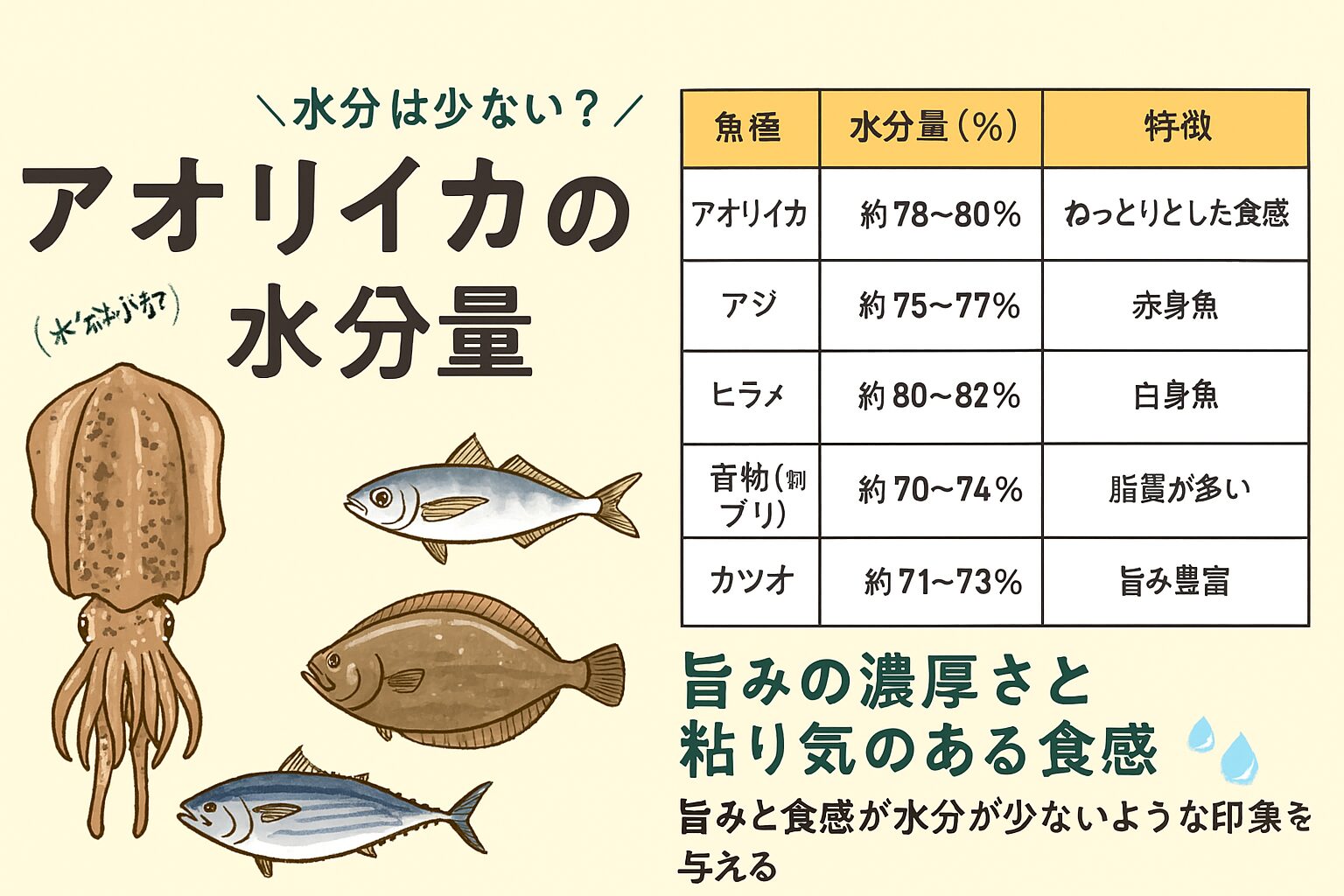アオリイカは実際には水分量が多い部類に入りますが、その濃厚な旨味とねっとりとした食感が「水分が少ない」という印象を与えています。釣太郎
