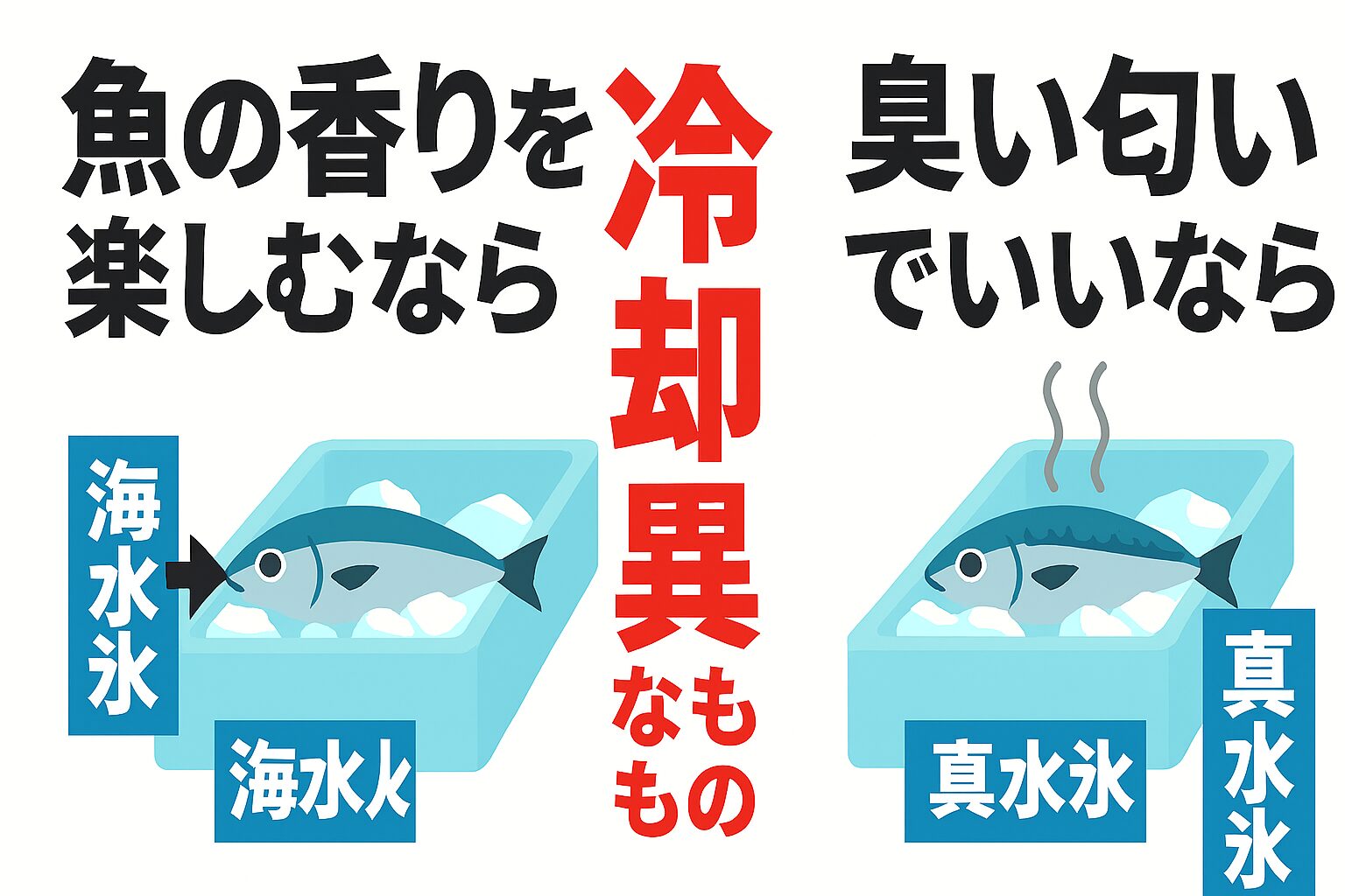 海水氷は「守って冷やす」。魚の生理環境を尊重し、命の美しさを保つ。「魚の香りを楽しむなら海水氷。臭い匂いでいいなら真水氷。」釣太郎