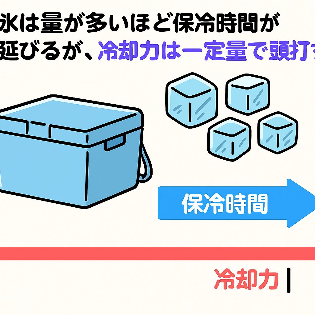 氷は「量＋質＋配置」で決まる！氷は多いほど保冷時間が延びるが、冷却力は一定量で頭打ち。釣太郎