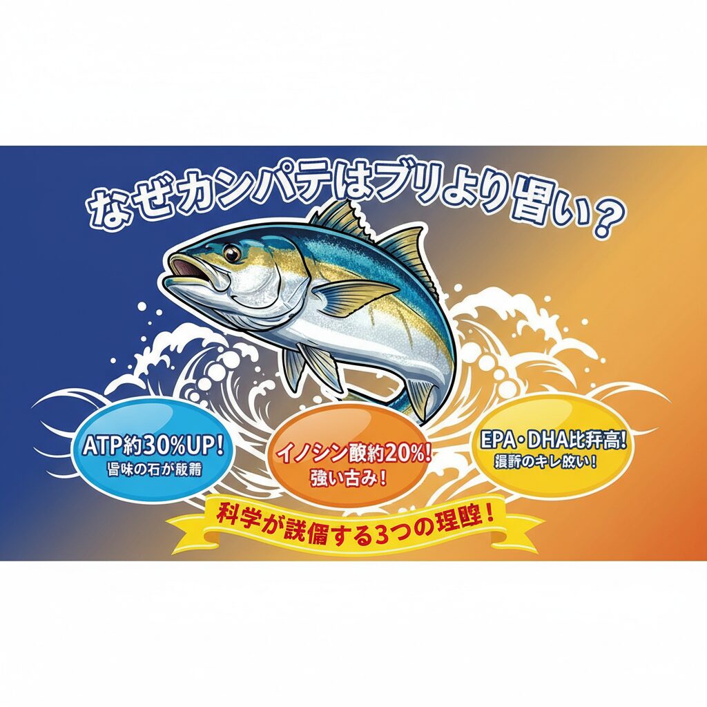 カンパチが美味しいのはATPが豊富: 旨味とコクのベースがしっかりしている。釣太郎 イノシン酸が高い: 上品な甘みと深い風味が楽しめる。 EPA・DHA比率が高い: 脂がくどくなく、キレが良い。釣太郎
