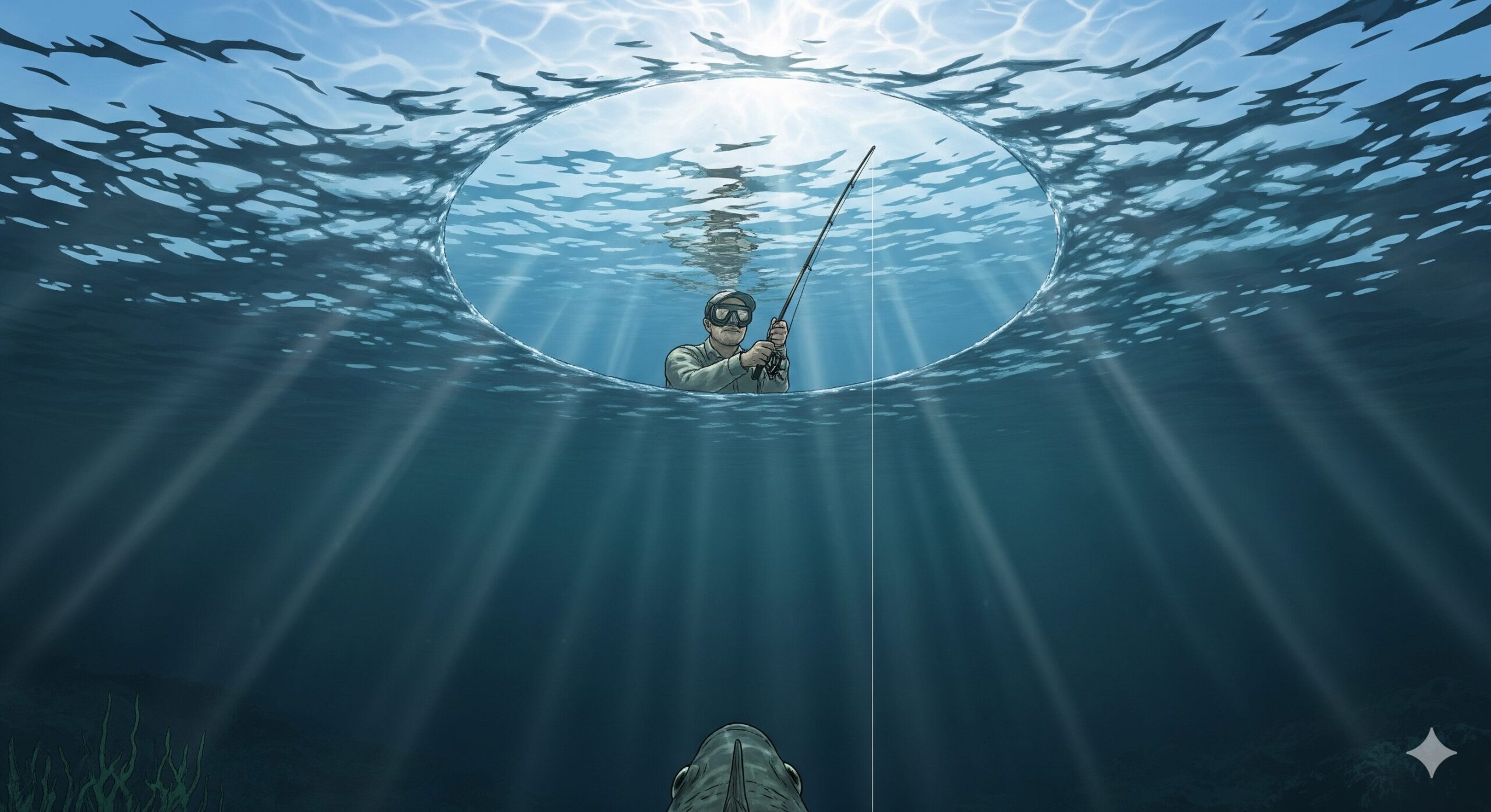 魚は水面の円形の窓から水上を見ている。窓の外は鏡のように水中の景色を映している。釣太郎