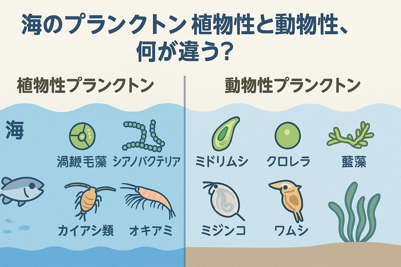 植物性プランクトンは光合成を行い、海と地球の酸素生産を支える
・動物性プランクトンは植物性を捕食し、魚やクジラへと栄養をつなぐ
・川や池にもプランクトンは存在し、海とは種類や生態系規模が異なる。釣太郎