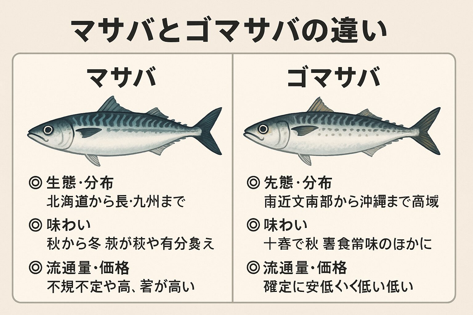 マサバは脂乗りが良く高級魚として扱われ、刺身やしめ鯖に最適。ゴマサバは流通量が多く価格も安定、煮付けや焼き物に向く。釣太郎