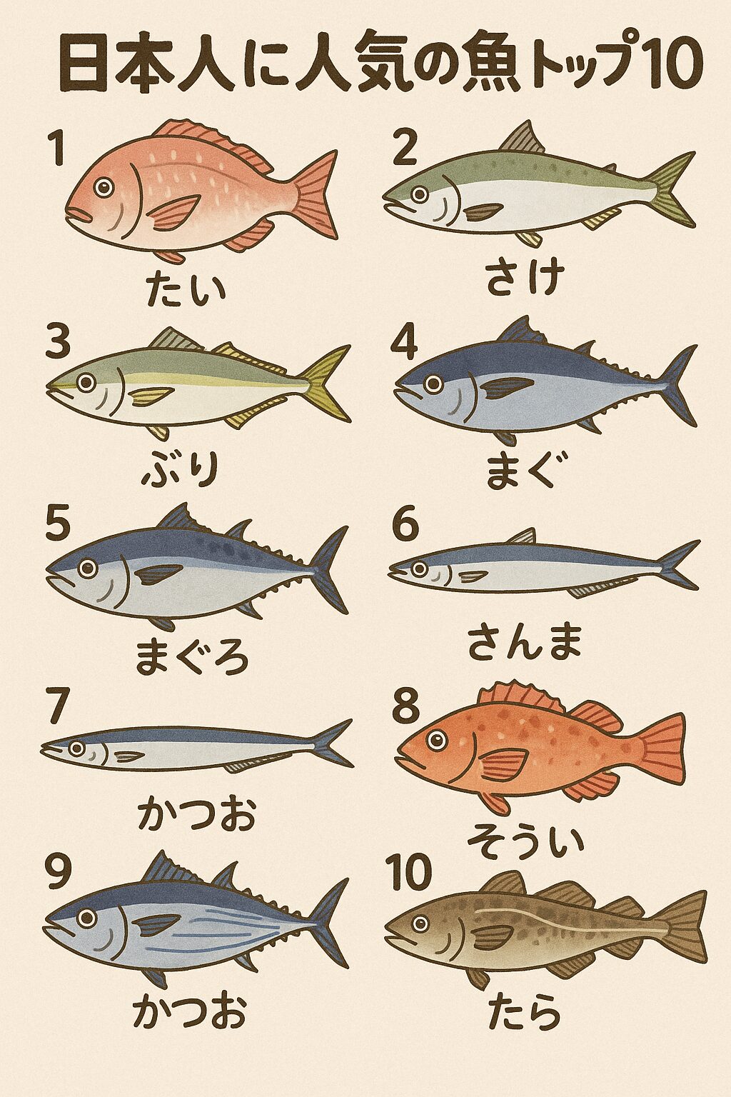 最も多く食べられている魚はサケ（鮭・サーモン）マグロとブリが続き、5〜10位にはサバ、アジ、イワシ、カツオ。釣太郎