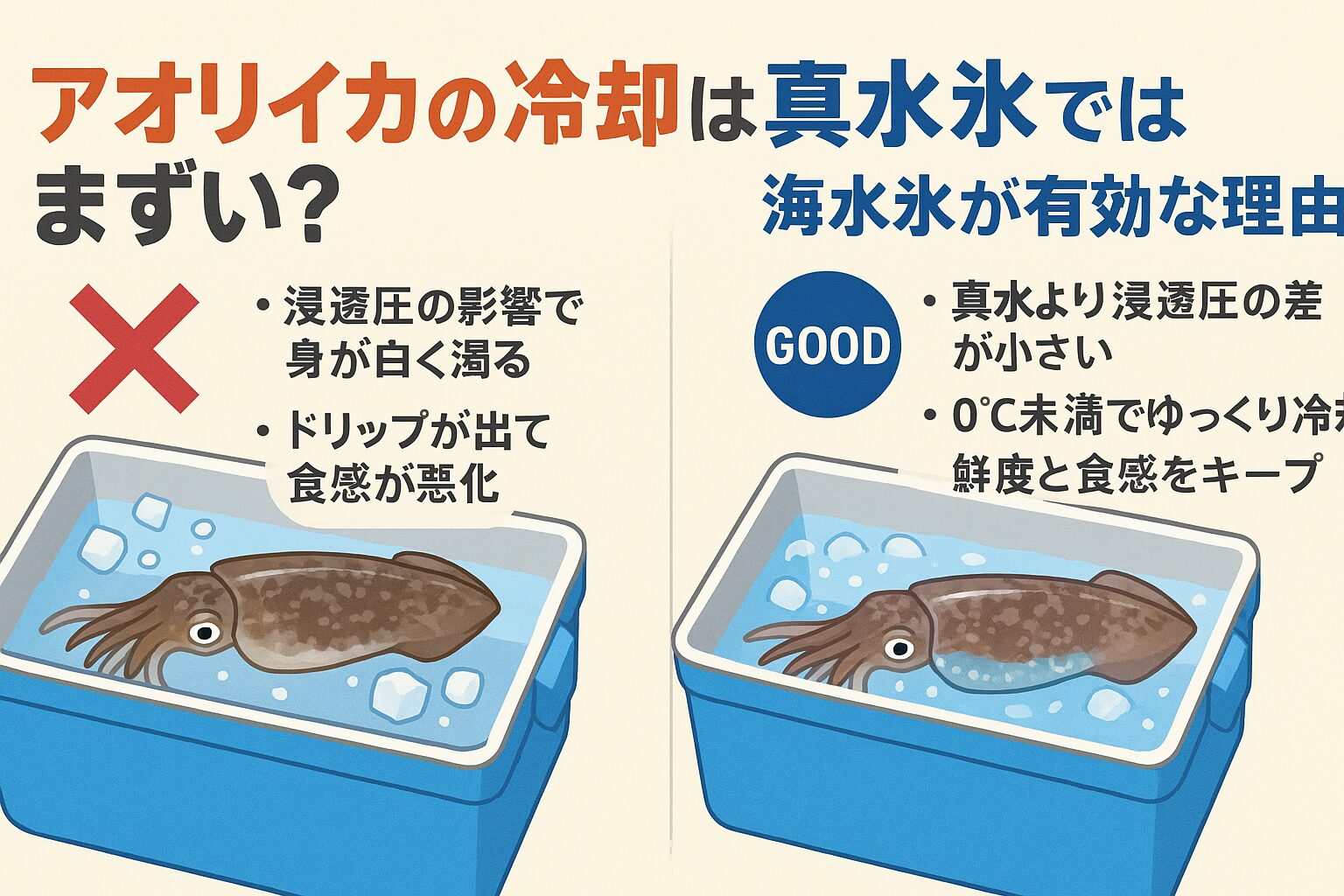 アオリイカは「釣った後の冷却方法」が味を決定づけると言っても過言ではありません。 ・真水氷は細胞破壊と鮮度劣化の原因・海水氷は浸透圧が近く鮮度保持率が高い。釣太郎