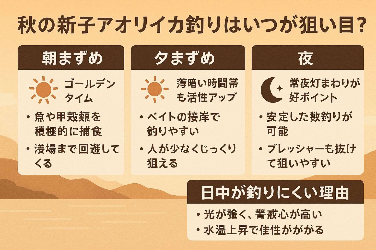 秋の新子アオリイカは「朝・夕・夜」が鉄板！朝まずめ：活性が高く、短時間勝負で数釣り可能。夕まずめ：人も少なく、落ち着いて釣れる。釣太郎