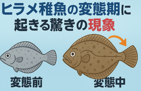 ヒラメ稚魚の変態期は、左右対称から両目が片側に移動するという驚異的な進化の瞬間です。 この変化があるからこそ、ヒラメは砂地に潜みながら獲物を狙う独自の生態を確立できました。釣太郎