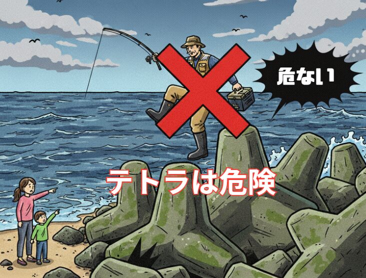 消波ブロック（テトラポット）は危険なのは滑りやすい： 海水や海藻、コケなどで常に濡れており、非常に滑りやすい。釣太郎