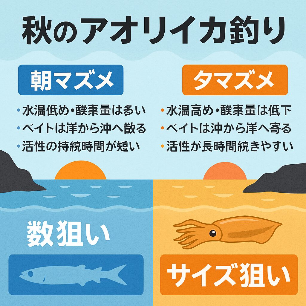 朝マズメは酸素量が高く新子中心に数釣りが有利・夕マズメは水温上昇と潮の動きで大型が狙えるチャンス・同じ「マズメ」でも環境条件とイカの行動パターンは大きく異なる。釣太郎