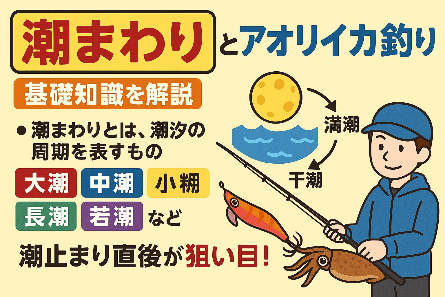 アオリイカ釣りは潮まわりの理解＝釣果アップにつながる。初心者はまず「大潮」「中潮」の動きを覚え、潮止まり前後のタイミングを意識しましょう。釣太郎