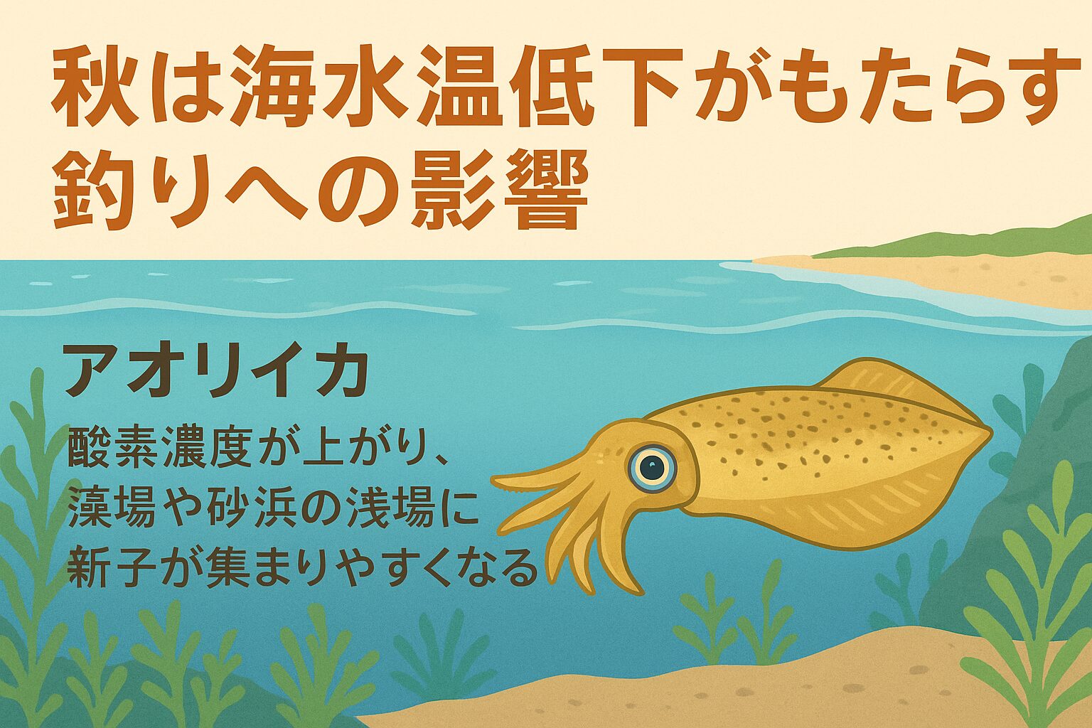 秋の海水温低下はアオリイカにどんな影響を与える？ 酸素濃度が上昇することで、藻場や砂浜の浅場に新子が集まりやすくなります。釣太郎