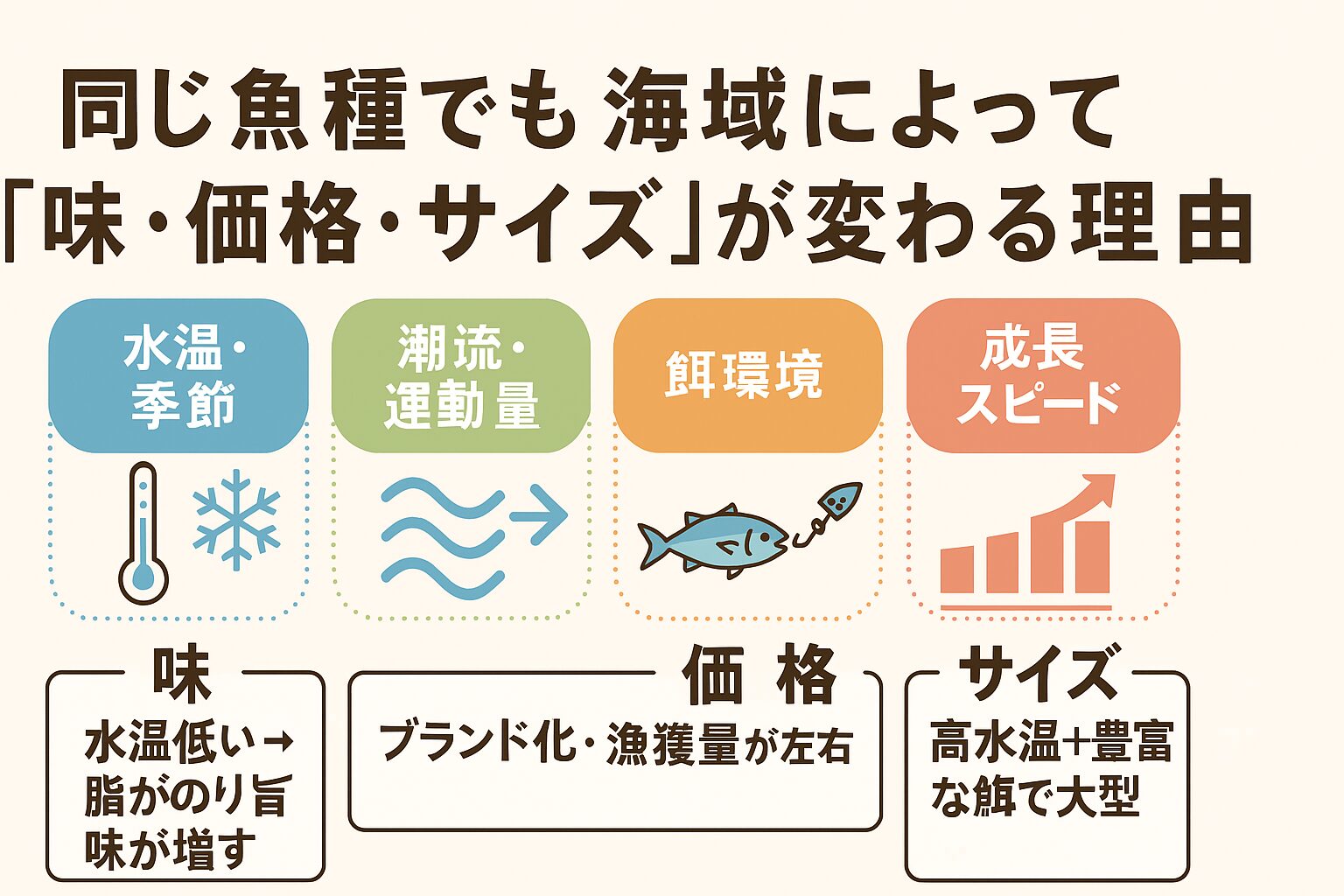 同じ魚でも・水温が低ければ脂が増え旨味が濃くなる・潮流が速ければ身が締まり歯ごたえが増す・餌環境が豊富なら成長が早く大型化・ブランド化や漁獲量が価格を左右。釣太郎