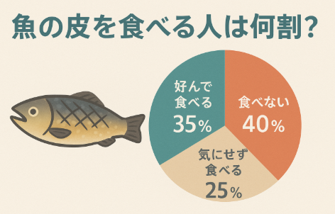 魚の皮を食べる人は、 全体の約3〜4割が積極的に食べています。半数以上は敬遠する傾向にあります。釣太郎