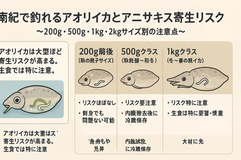 アオリイカと寄生虫アニサキス、200gクラスまではリスクほぼゼロ。500gを超えると寄生リスクが出始める。 1kg以上は要注意、2kgは特に注意。釣太郎