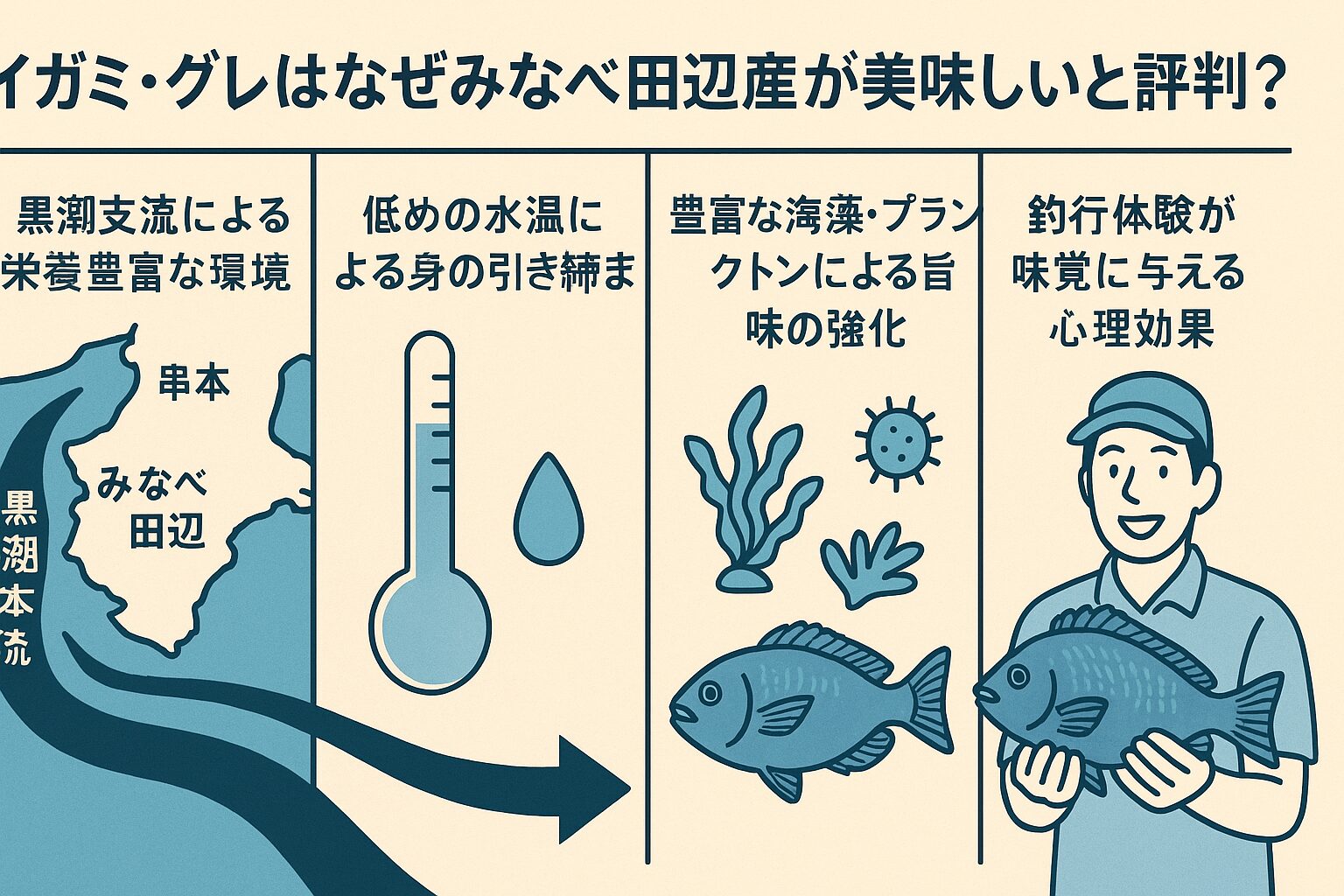 みなべ田辺産が美味しいと言われる理由は、黒潮支流による栄養豊富な環境。低めの水温による身の引き締まり。豊富な海藻・プランクトンによる旨味の強化。釣行体験が味覚に与える心理効果.釣太郎