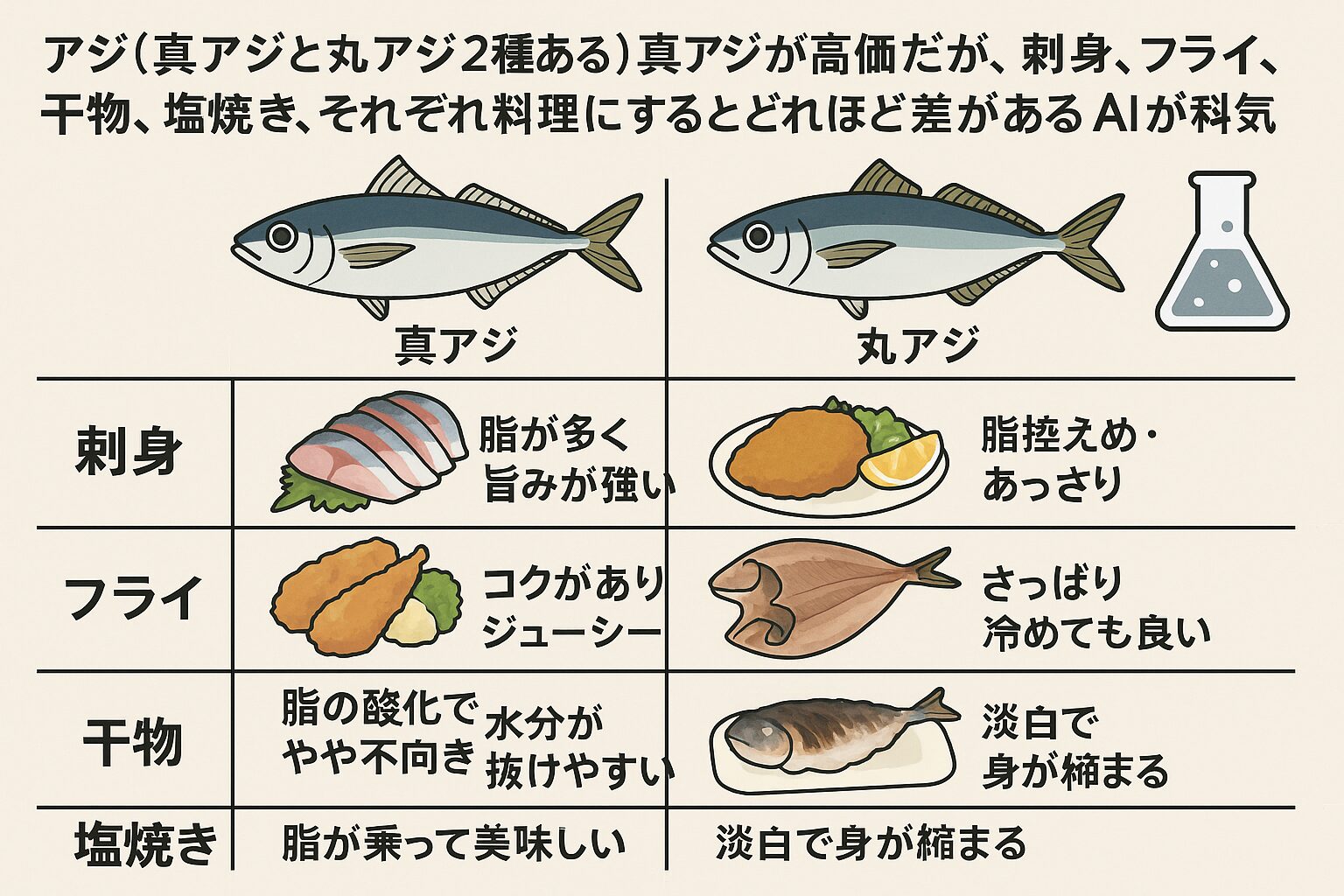 真アジの刺身と丸アジの刺身、栄養差は?
A1. 真アジは脂質・EPA・DHAが多く、オメガ3系脂肪酸の摂取に優れます。丸アジはカロリーが控えめです。釣太郎