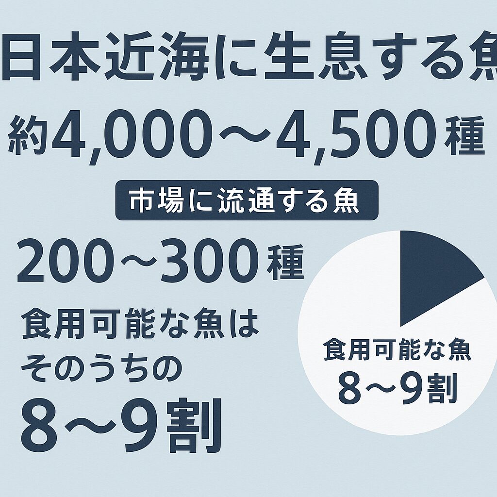 日本近海には約4,000~4,500種の魚が生息
・市場に流通するのは200~300種前後(約5~7%)・食用可能な魚は理論上8~9割以上・漁獲量・鮮度・知名度の壁が多くの魚の流通を阻んでいる。釣太郎
