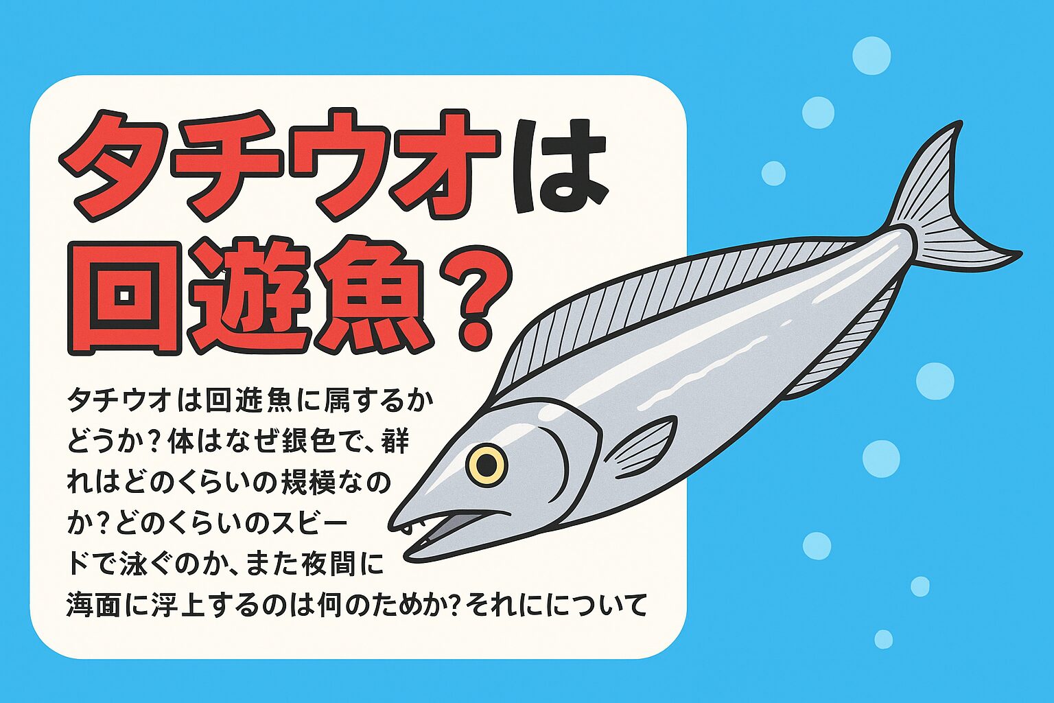 タチウオは季節ごとに回遊する外洋性の魚。 ・銀色の体は光学的な迷彩効果と捕食補助という二重の役割を持つ。釣太郎