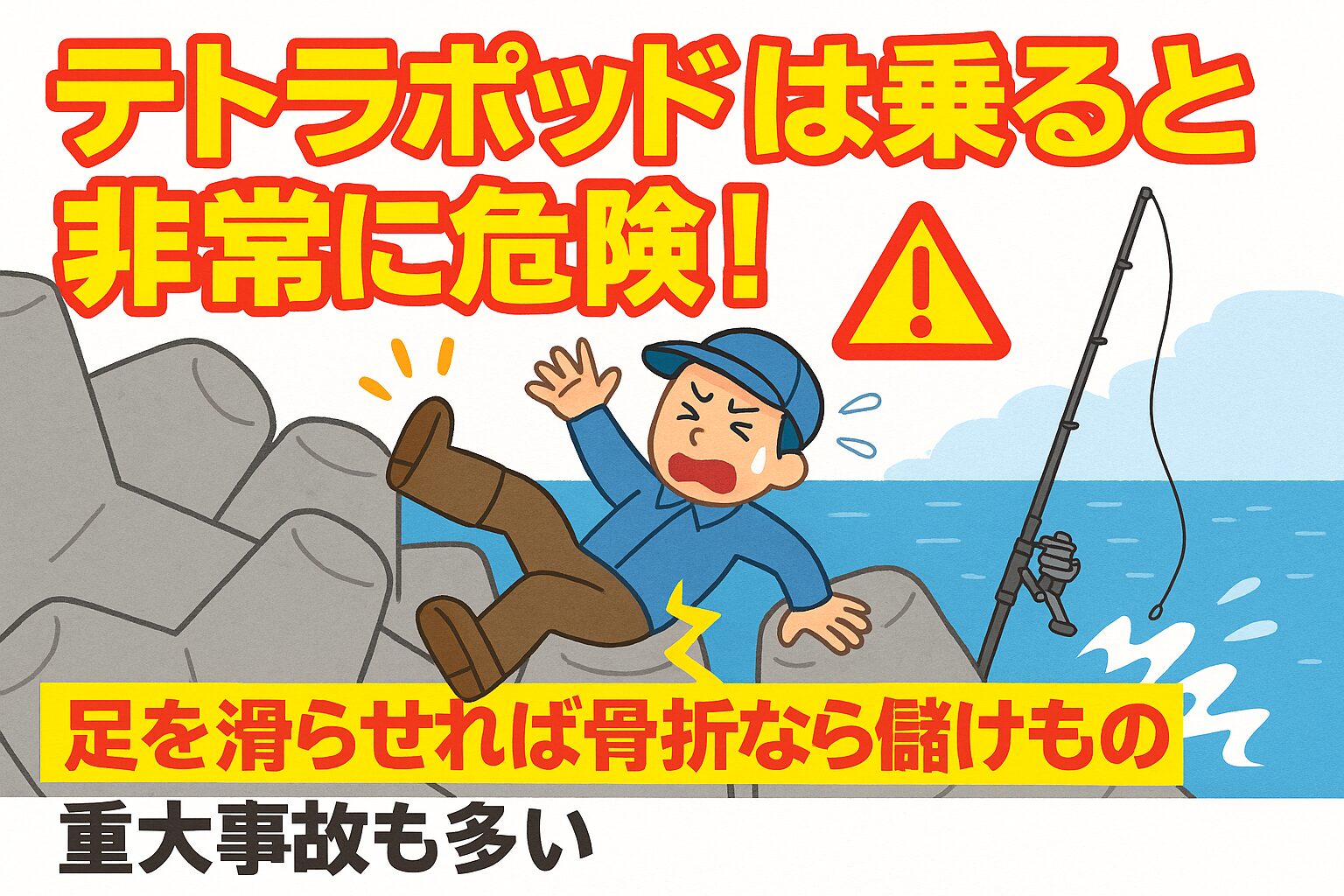 テトラポッドは釣りの好ポイントに見えるかもしれませんが、一歩の油断が命取りになります。釣太郎
