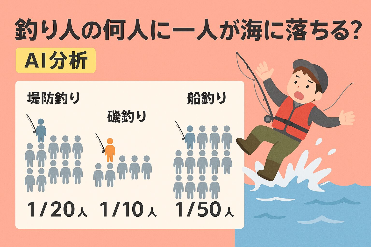 AI分析によると、釣り人全体で 15〜20人に1人（約5〜7％） が実際に落水を経験しています。釣太郎