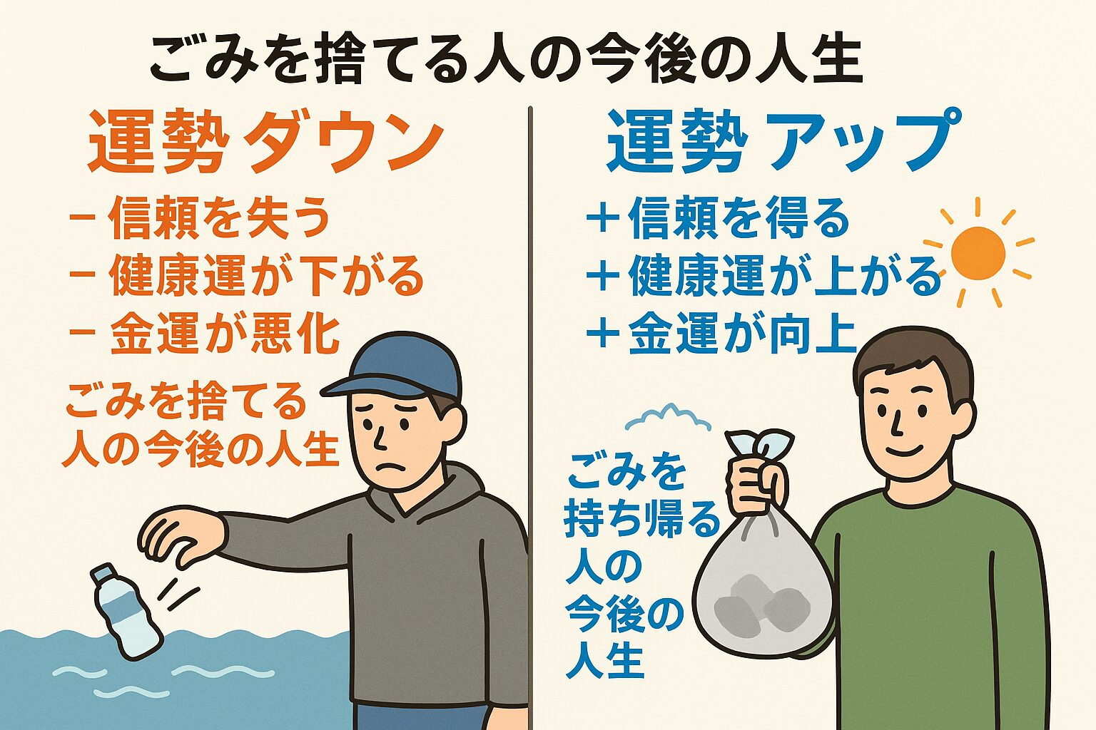 海にごみを捨てる行為は「一時の楽さ」かもしれませんが、その代償は人生全体の運勢を下げる結果につながります。・信頼を失い、孤立する・健康運が下がり、不調が増える・金運も低下し、生活が苦しくなる。釣太郎