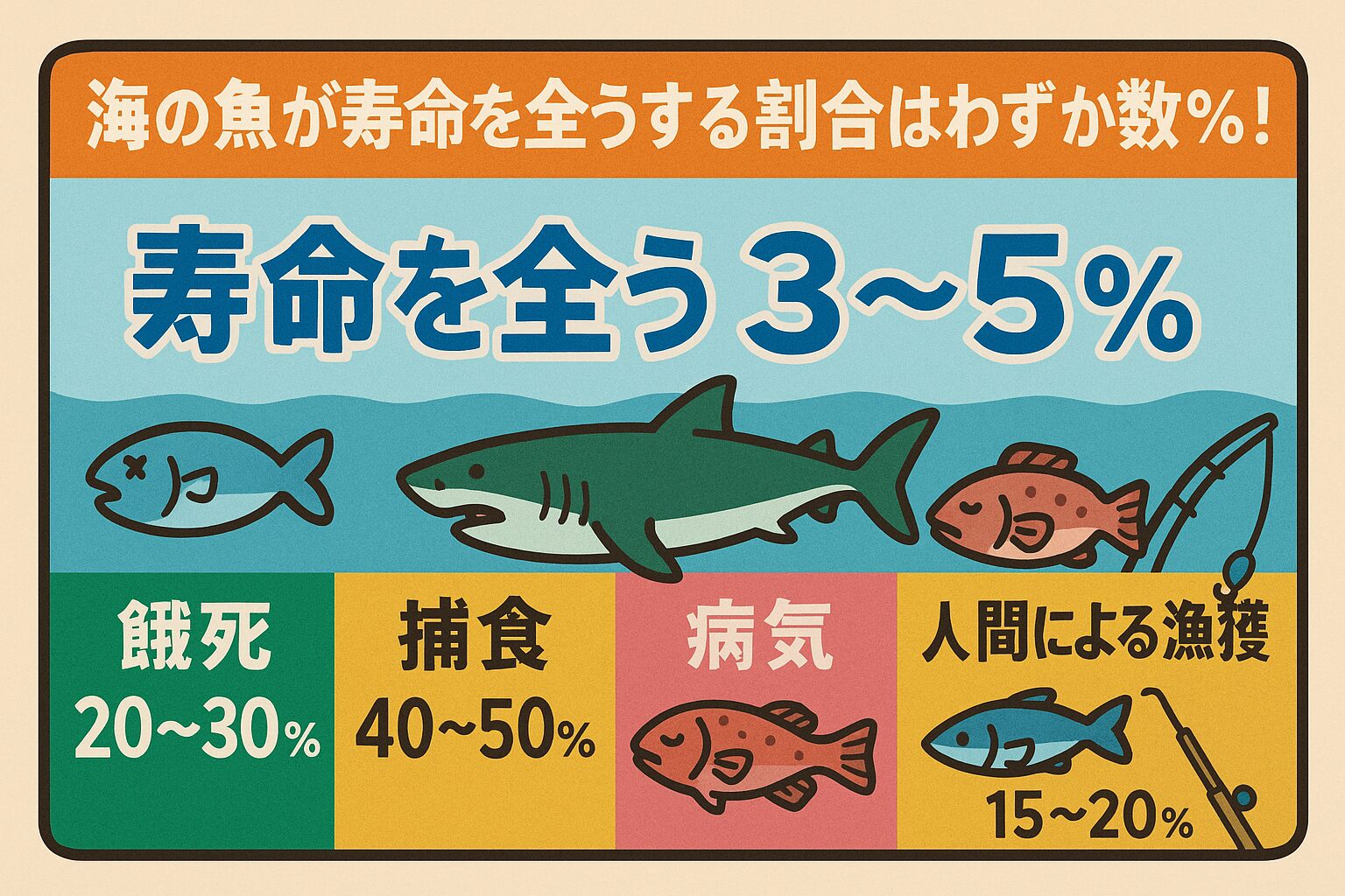海の魚が**寿命を全うする確率はわずか3%にすぎません。残りの大多数は捕食・餓死・病気・人間による漁獲など、さまざまな要因で命を落とします。釣太郎