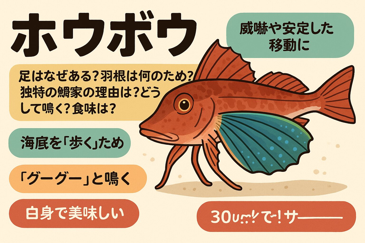 個性的な魚ホウボウの特徴紹介。足と羽根のような胸びれがあるユニーフィッシュ。釣太郎