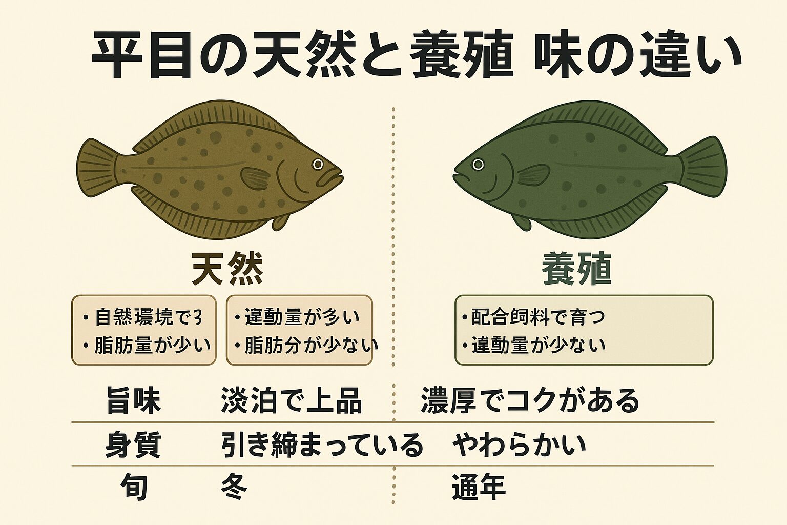 平目、天然は淡泊で上品な旨味、身が引き締まっている。養殖は脂が多く濃厚な味、安定供給が可能。釣太郎