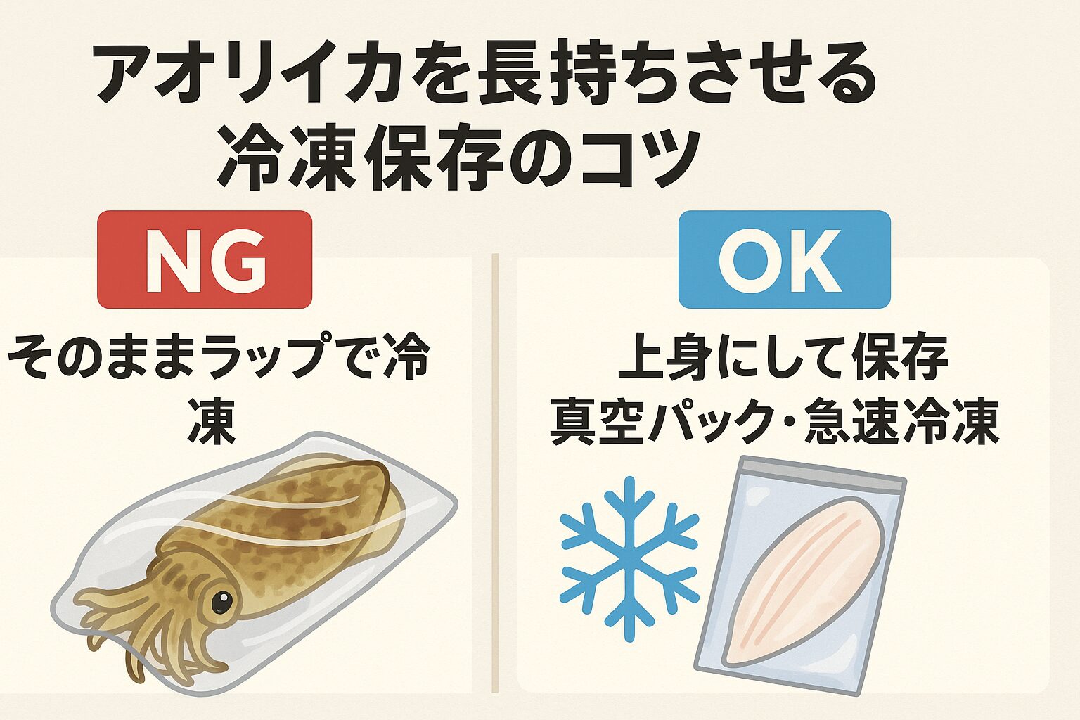 アオリイカは冷凍方法で味が大きく変わる。NGは「そのまま」「内臓残し」「真水で洗う」。釣太郎