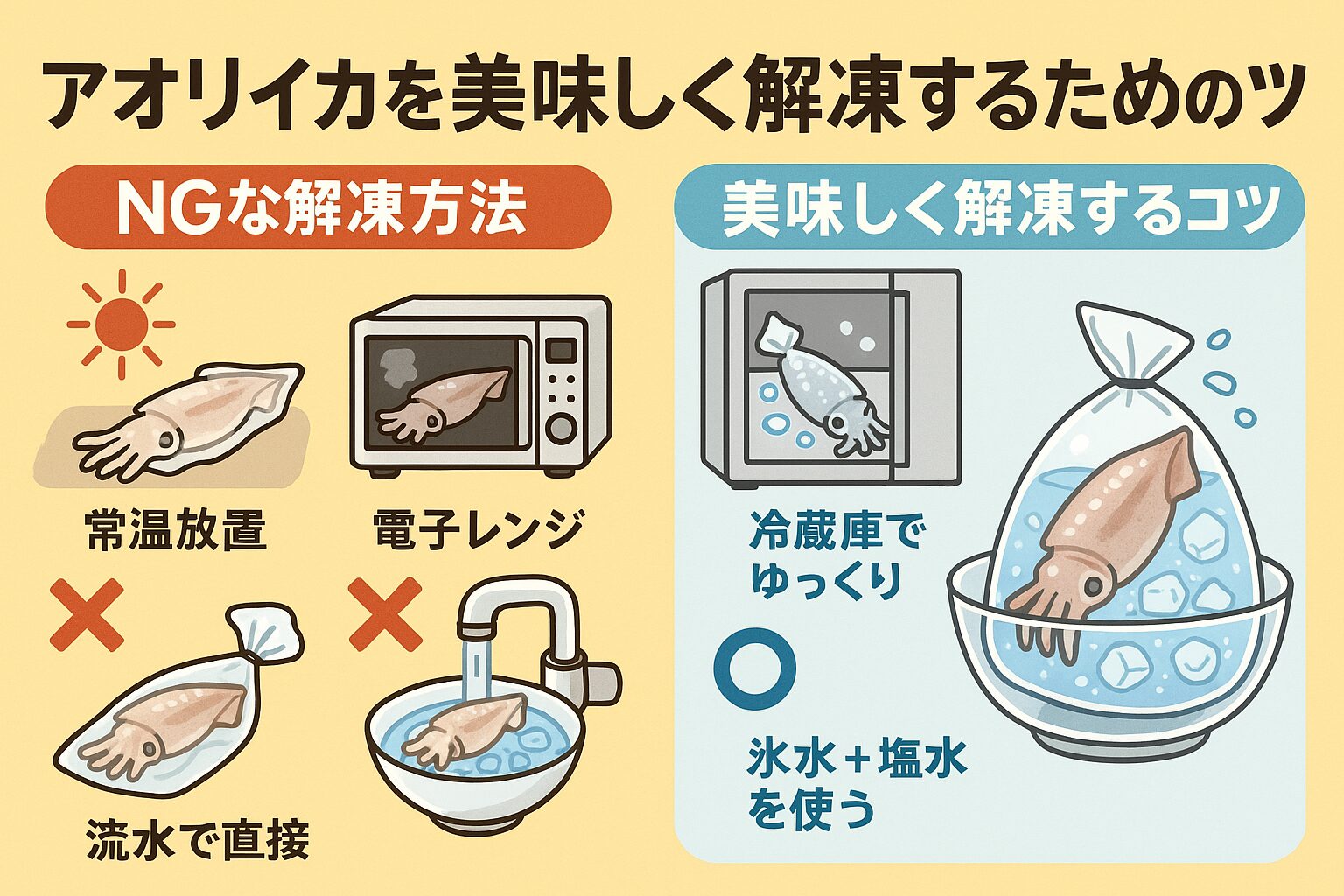 アオリイカは解凍方法で味が大きく変わる。 常温・電子レンジ・流水直接はNG。冷蔵庫でゆっくり、または氷水＋塩水で解凍が最適。釣太郎
