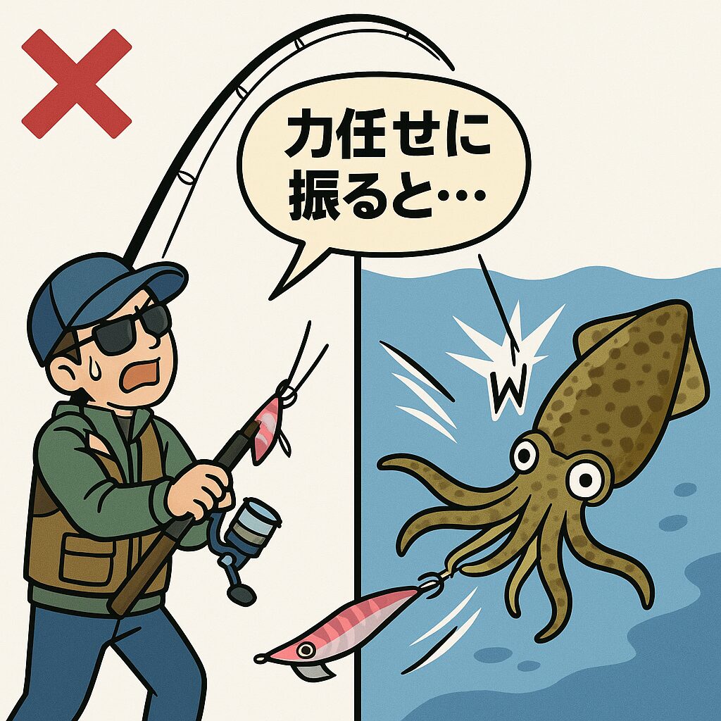 エギングで見かける力強いシャクリは・エギに鋭いダートを与えてイカを誘う・ラインを張ることでアクションを明確にするためのテクニックです。釣太郎