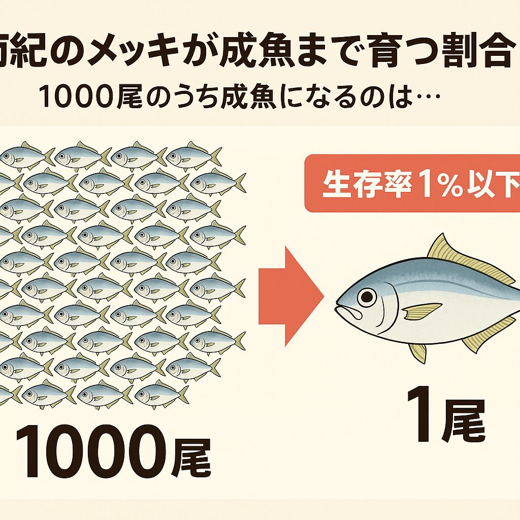 南紀地方で釣れるメッキは、卵から成魚までの生存率は 0.1〜1％程度。釣太郎