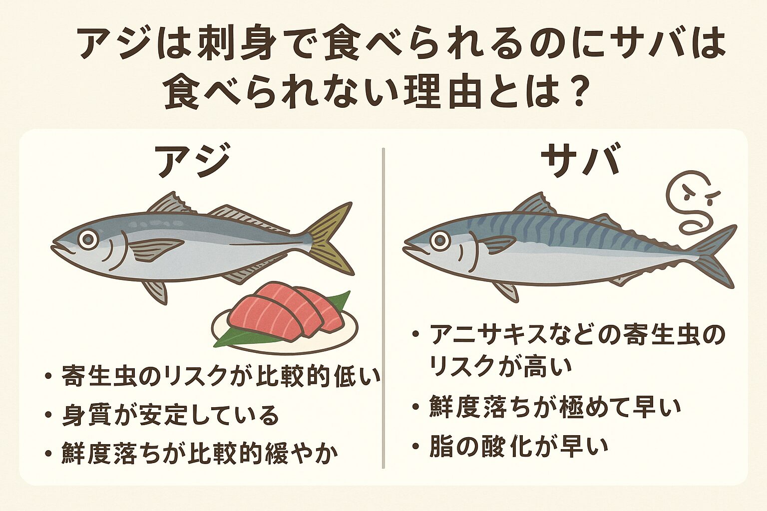 アジは寄生虫リスクが比較的低く、鮮度落ちも緩やかで刺身向き。サバは寄生虫リスクが高く、脂の酸化も速いため刺身に不向き。釣太郎