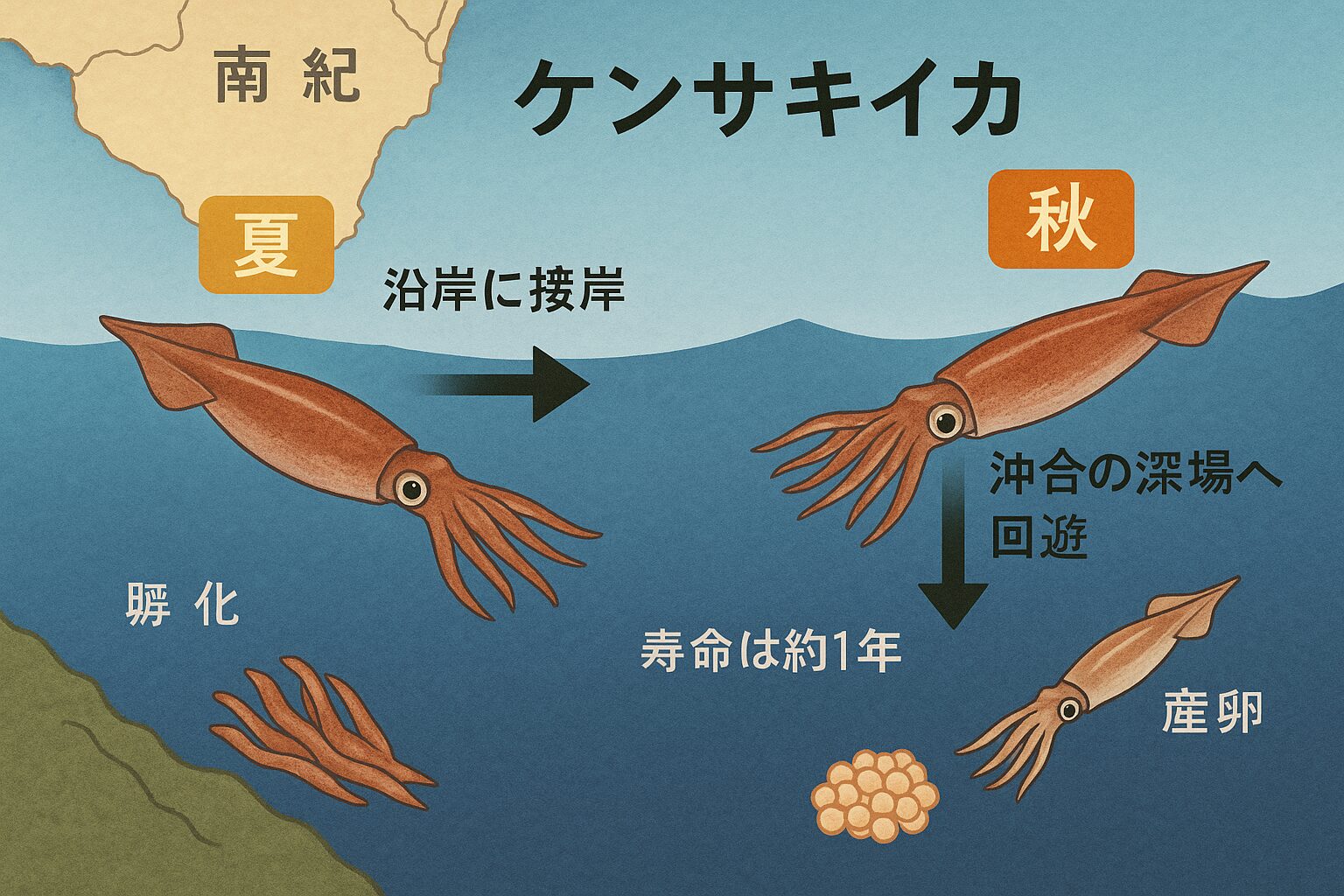 南紀のアカイカは夏に沿岸へ接岸し、秋には沖合の深場へ回遊、一部は産卵場へ移動する。釣太郎