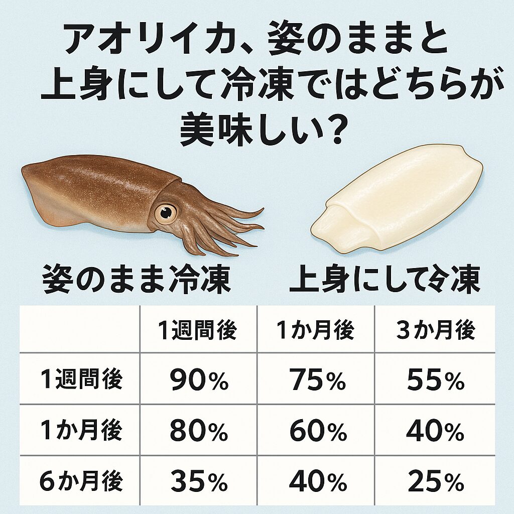 アオリイカ、美味しさを数値化すると「姿のまま冷凍」が有利。 ・上身冷凍は調理は楽だが、長期保存には不向き。釣太郎