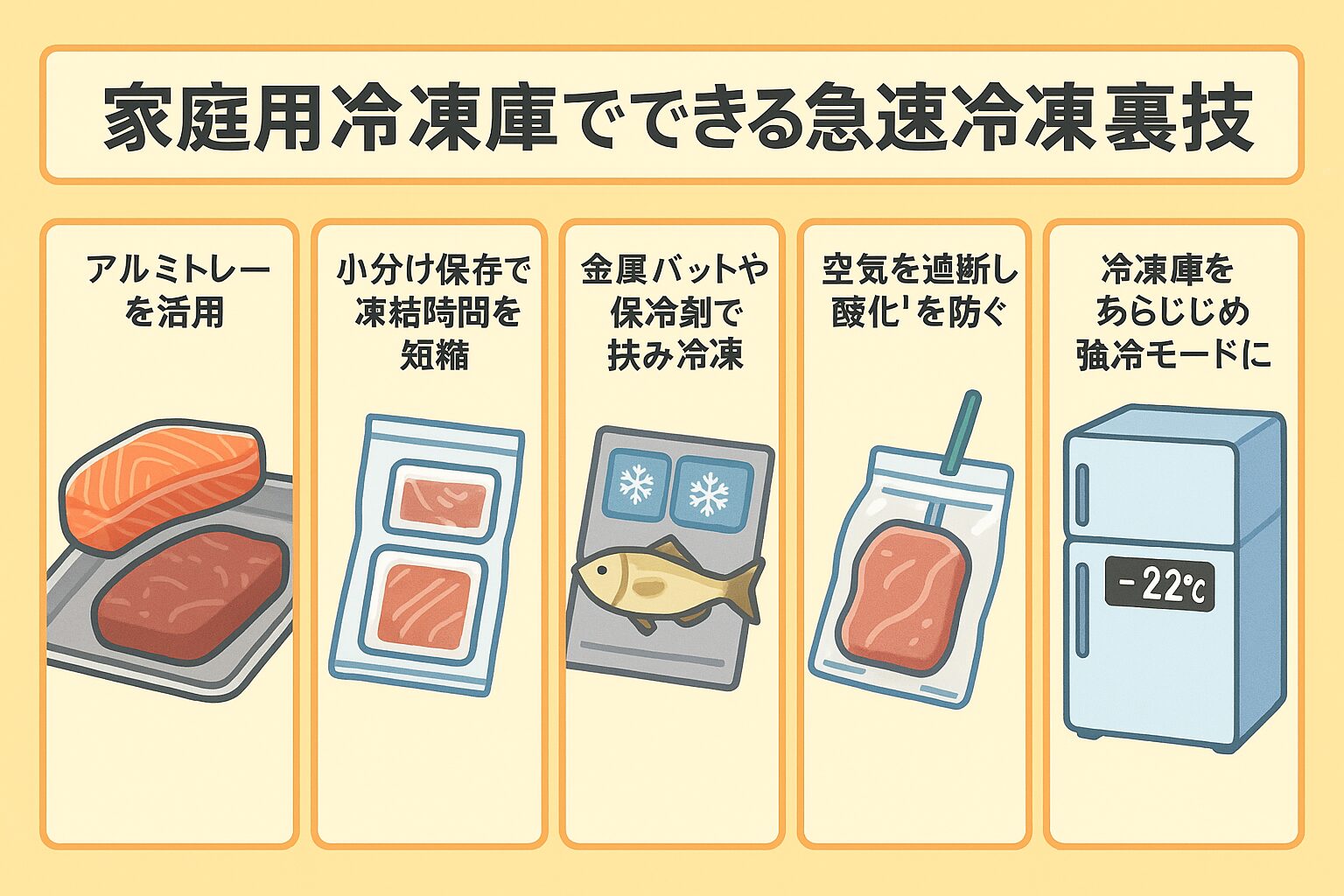 家庭用冷凍庫でも、 アルミトレー・小分け保存・金属バット＋保冷剤・空気遮断・強冷モード。これらを意識するだけで「急速冷凍」にかなり近づけます。釣太郎