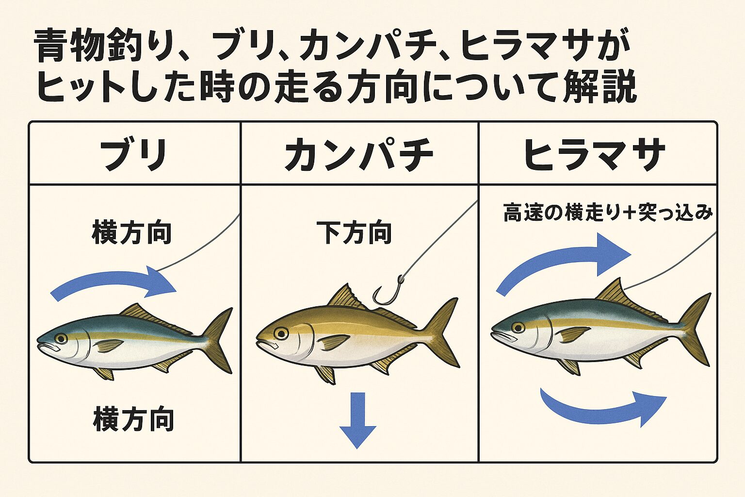 ブリは潮を利用した横走り・カンパチは縦突進で根へ潜る・ヒラマサは高速横走りと急反転。御物魚釣り。釣太郎