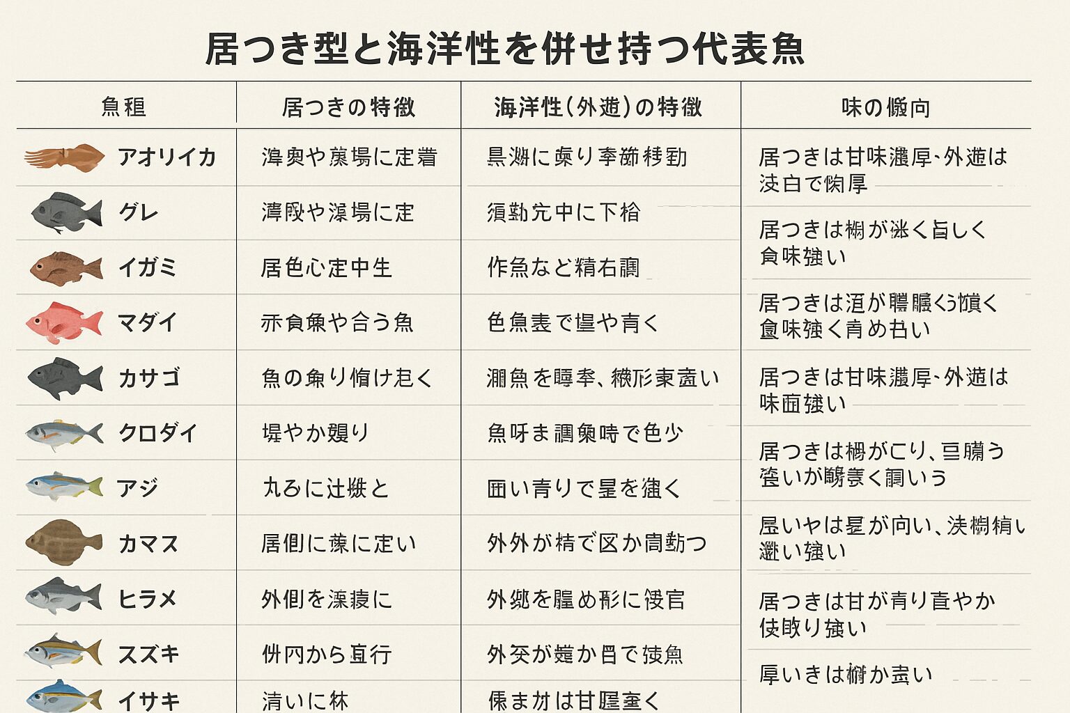 アオリイカをはじめ、多くの人気魚種には居つき型と海洋性（回遊型）が共存しています。 釣り場選びや料理方法を工夫すれば、釣果も食味もさらにレベルアップ。釣太郎