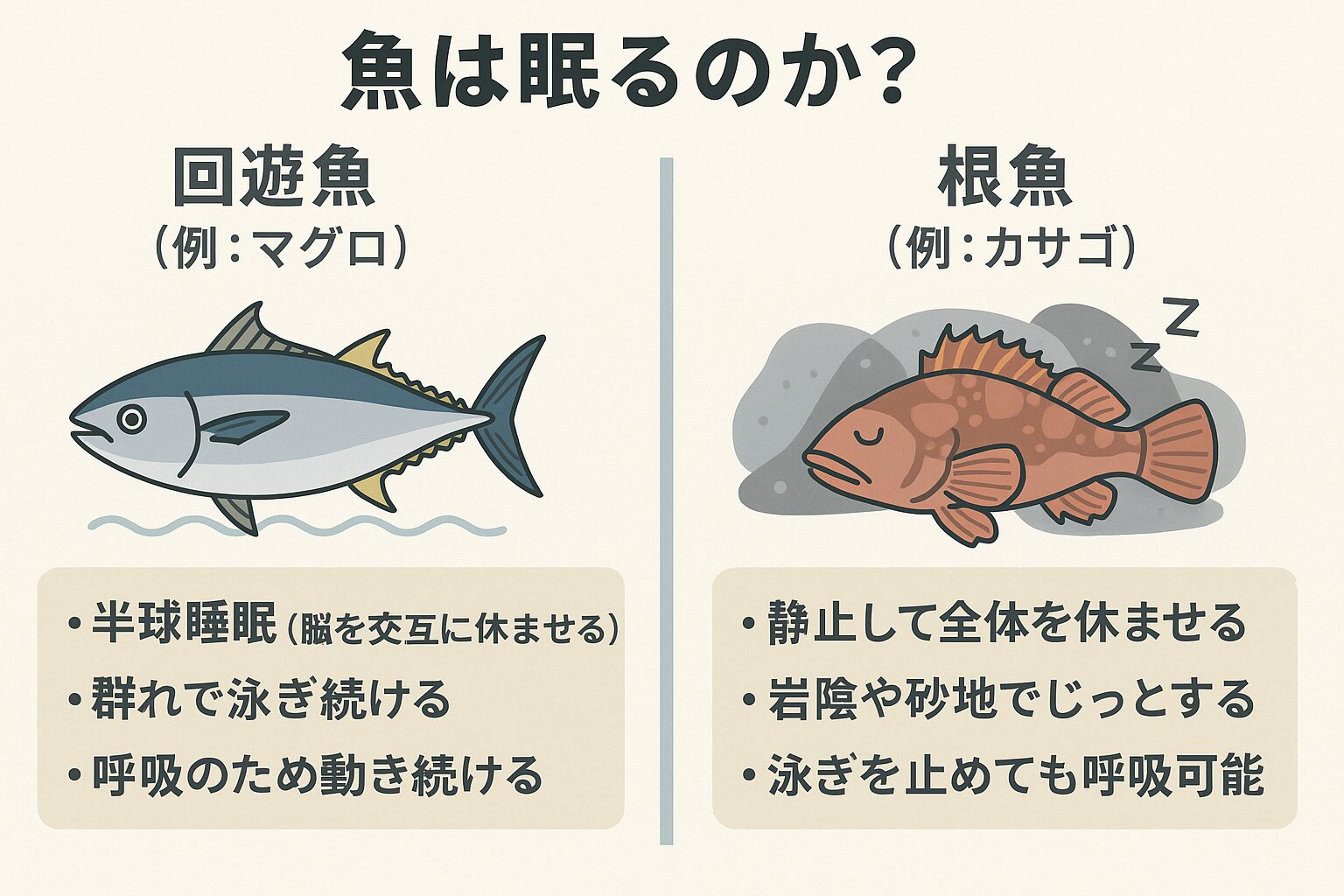 魚も眠りますが、回遊魚は泳ぎを止められないため、脳を半分ずつ休ませる。根魚は岩場に身を潜め、全身を休ませる。釣太郎
