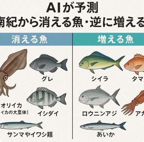 南紀から消える魚としては「アオリイカの大型」「グレ」「イシダイ」などが候補。逆に「シイラ」「タマミ」「ロウニンアジ」など南方系魚種は増えるとAIは予測します。釣太郎