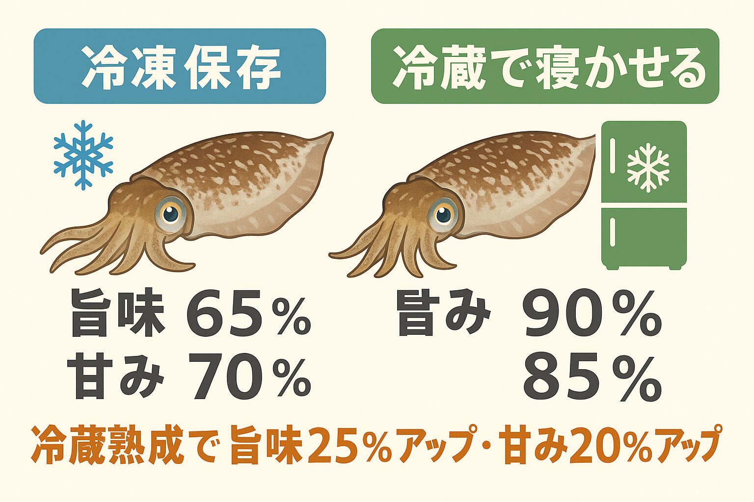 アオリイカ、冷凍は便利だが、旨味成分は約25％減少・冷蔵熟成は保存期間が短い代わりに、旨味・甘みが最大25％アップ。釣太郎