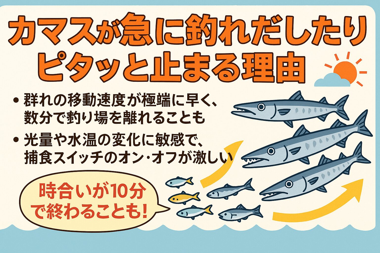 カマスは群れで行動し、潮や光量、ベイトの動きに応じて一気に接岸・離岸します。
このため、時合いが長く続く日もあれば、10分で終わるほど短い日もあるのです。釣太郎