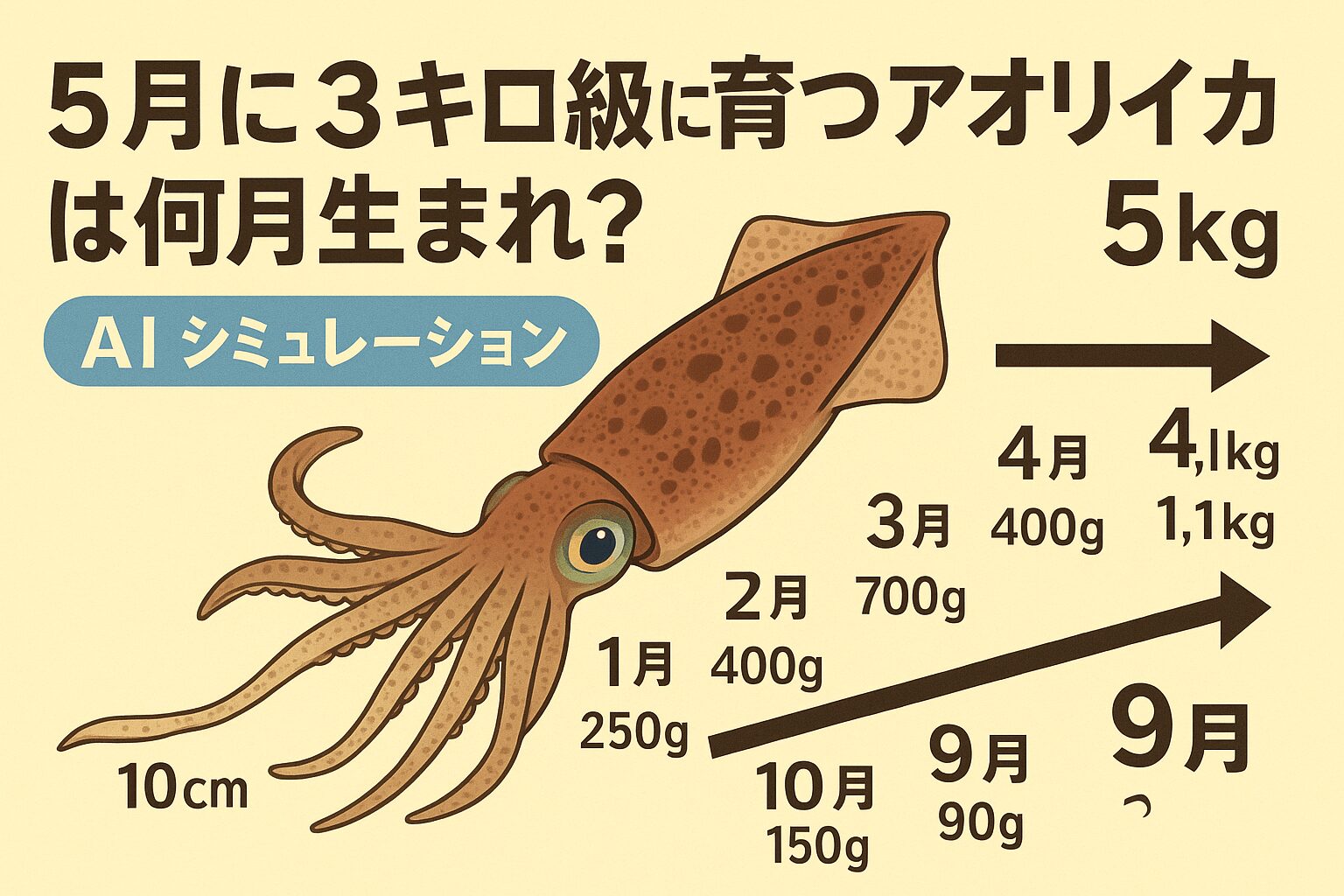 5月に3キロ級となるアオリイカは、AIシミュレーションの結果、前年8月~9月生まれが最有力です。釣太郎