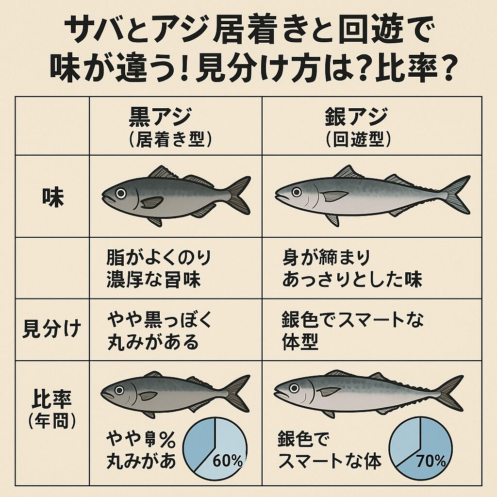 サバとアジは同じ魚でも「居着き型」と「回遊型」に分かれる。居着き型は脂がのり濃厚、回遊型は引き締まってさっぱり。比率はアジ＝居着き40％：回遊60％、サバ＝居着き30％：回遊70％。釣太郎