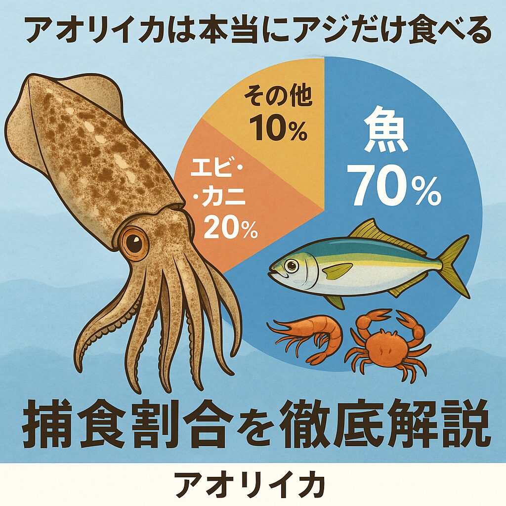 アオリイカは「アジ=定番のエサ」というイメージがありますが、実際には成長段階に応じて食性が変わります。小さい時期はエビ・カニ中心・中型〜大型は小魚中心。釣太郎