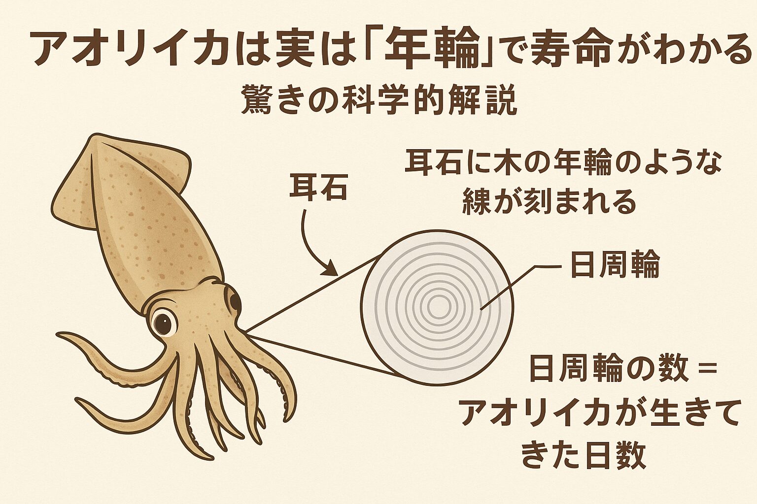 アオリイカは寿命が1年ほどの短命な生き物ですが、耳石に刻まれた日周輪を数えることで「何日生きたか」まで正確にわかります。釣太郎
