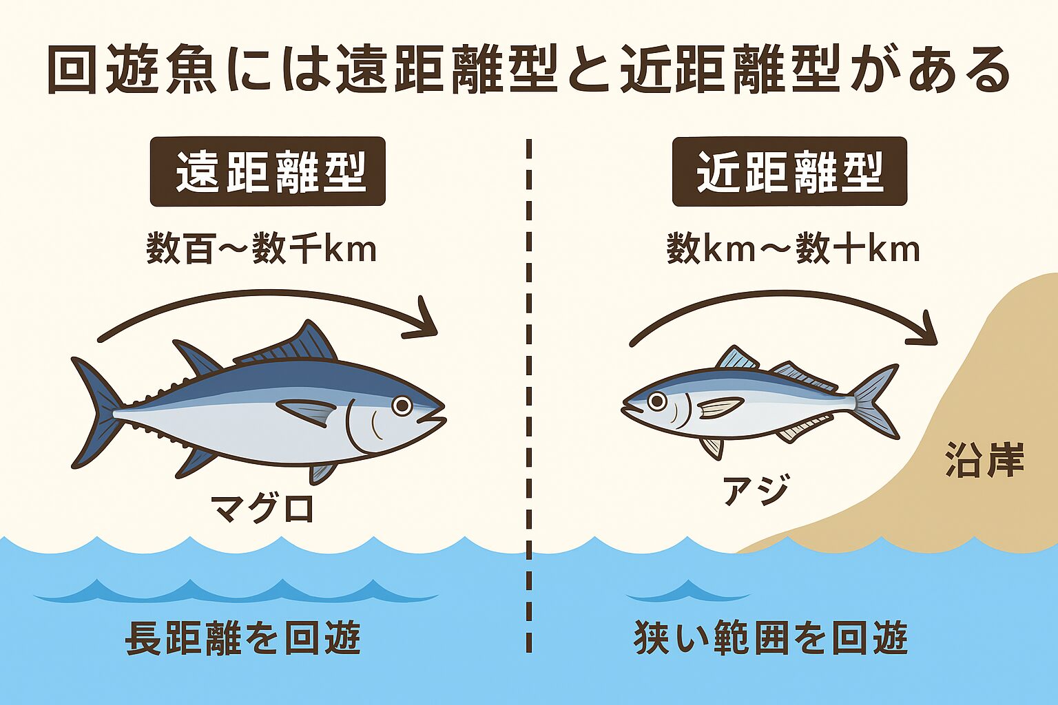 遠距離型と近距離型の回遊魚は、移動距離と回遊スケールの違いで区別できる。遠距離型は「時期と場所の読み」が命。近距離型は「その日の群れを探す」のがカギです。釣太郎