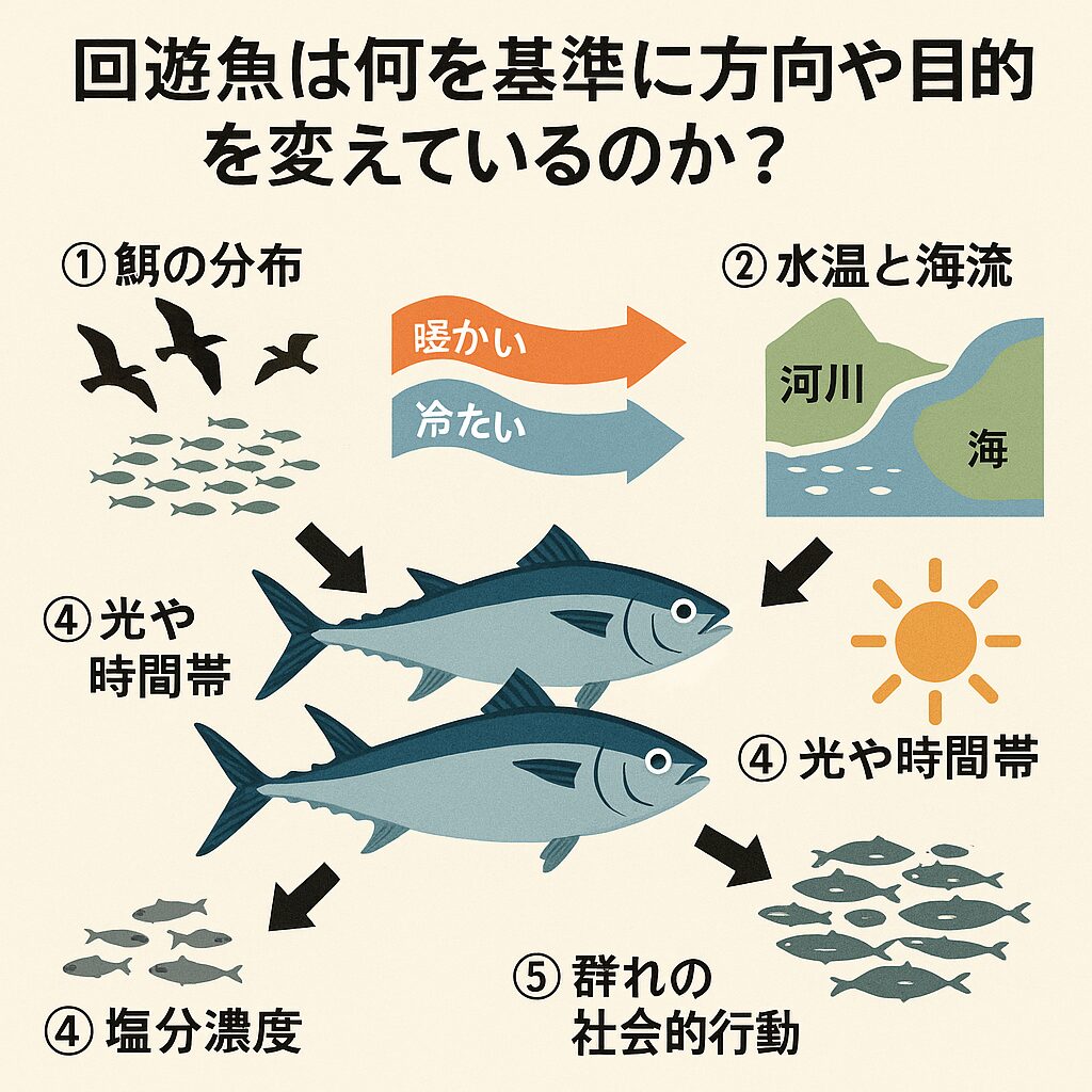 回遊魚は 餌・水温・潮流・塩分濃度・光環境・群れの同調行動 を基準に進路を変える。
特に「餌の群れ(ベイト)」と「潮流の変化」が釣果に直結。釣太郎