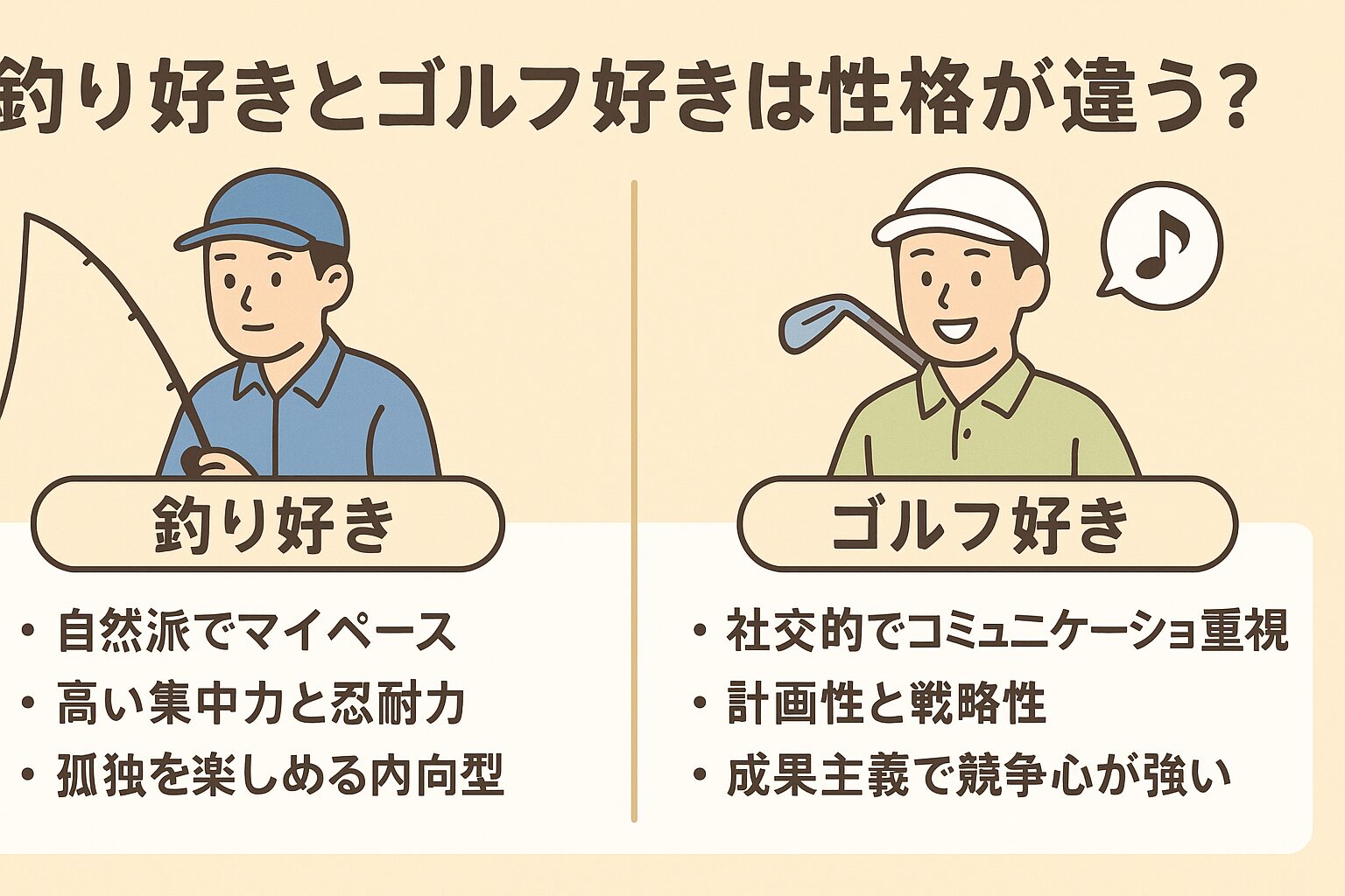 釣り好きは自然に癒やされながら自分と向き合う内省型。ゴルフ好きは人との交流を楽しみ、計画的にスコアを追求する外向型。釣太郎